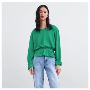 Zara Women Green Long Sleeve Elastic Waist Top S
